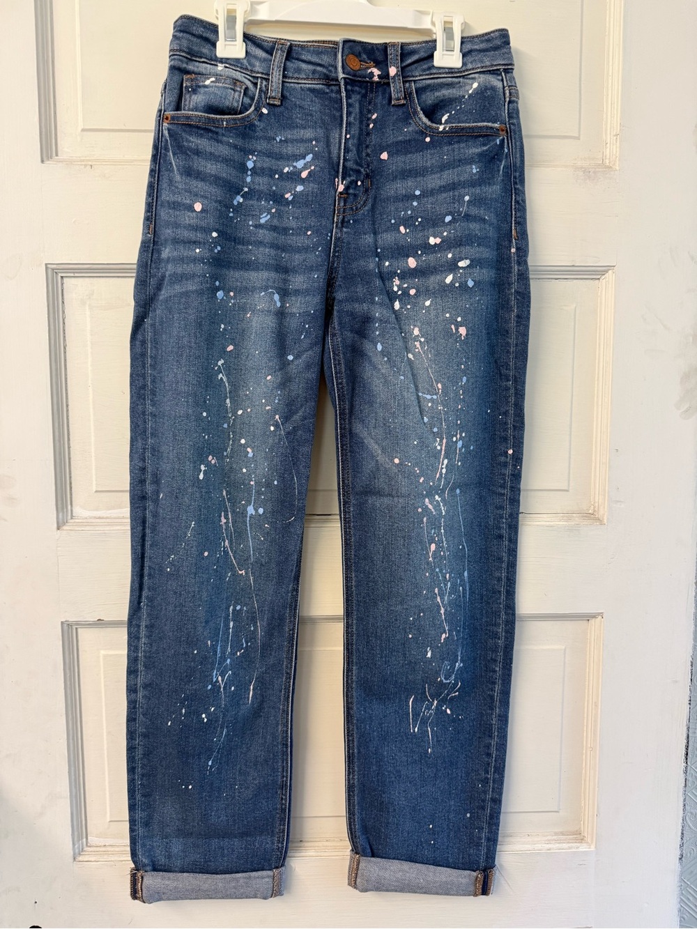 Women’s Dark Blue Boyfriend Jeans with Pink & Light Blue Paint-Splatter